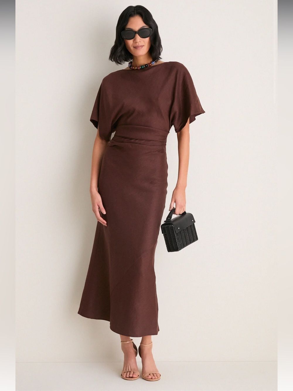 New STAUD Amelie Dark Oak Ruched Linen Blend Dress - Size XS